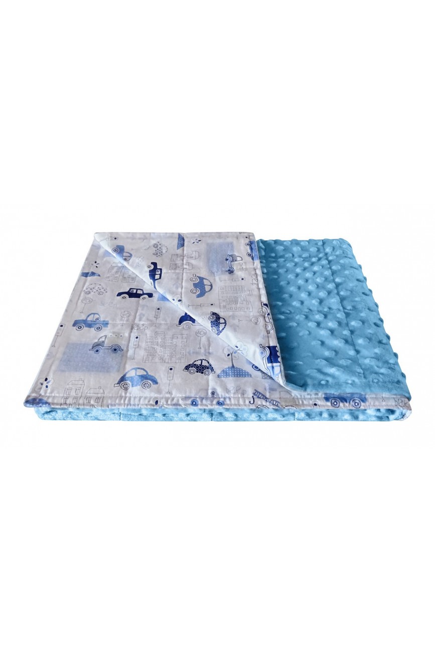 Weighted blanket Cars with white background, minky blue